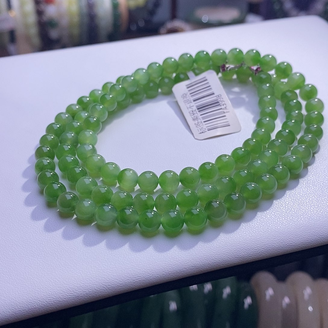 颈饰未镶嵌和田玉毕业级老坑料碧玉珠链6m