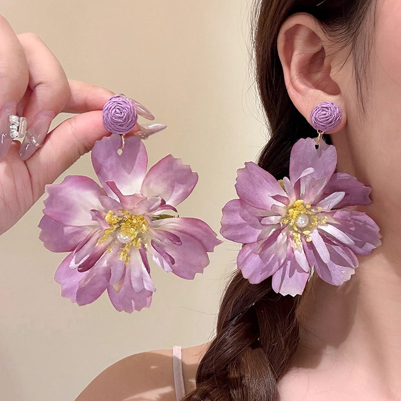 合金布艺耳饰 鸢尾花香超仙唯美紫色花朵耳环女海边度假耳钉夸张