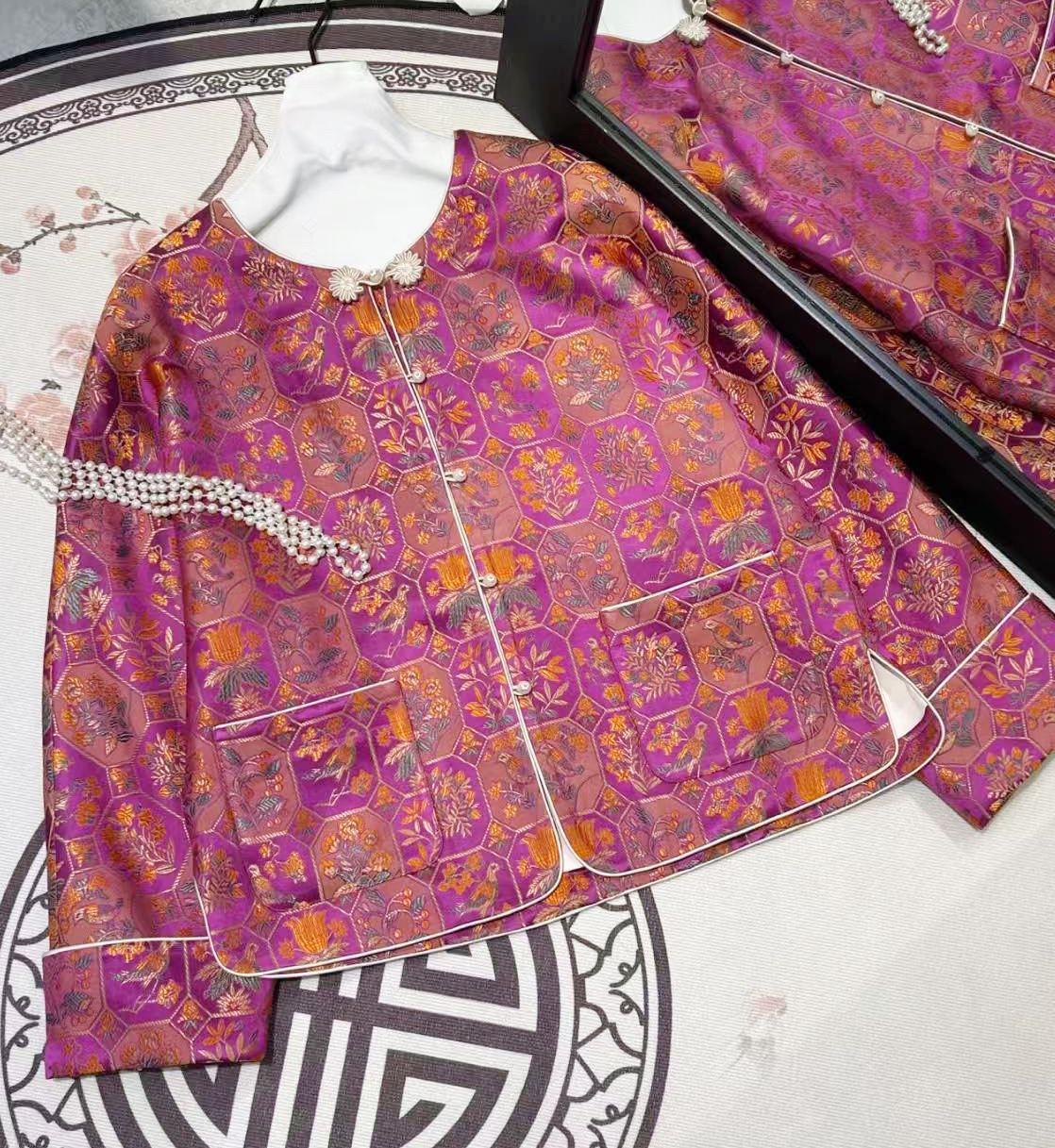 玛薇丝【繁花锦】宋锦玫红新中式外套