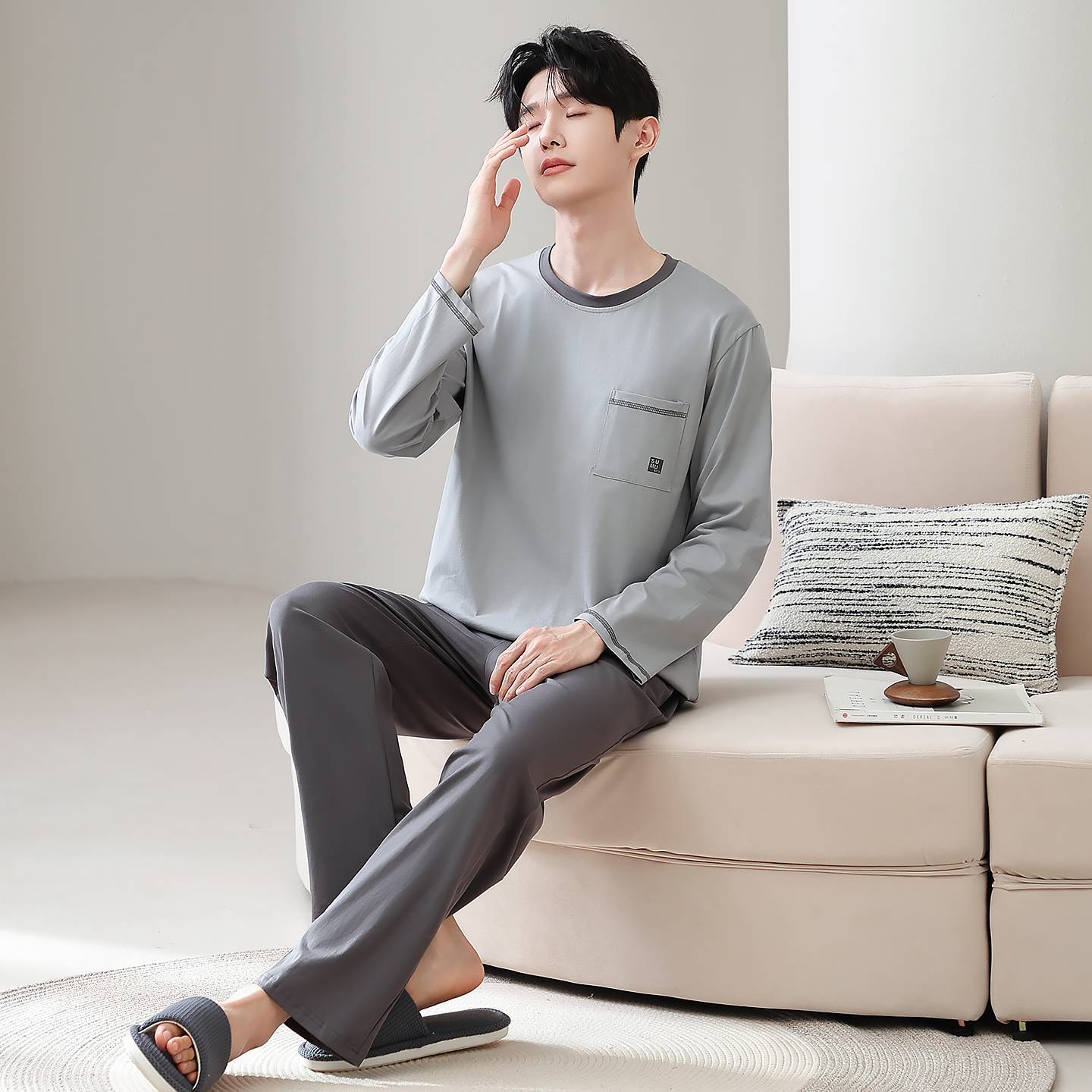 2025年男士长袖套头大码休闲简约秋季不起求不变形家居服套装