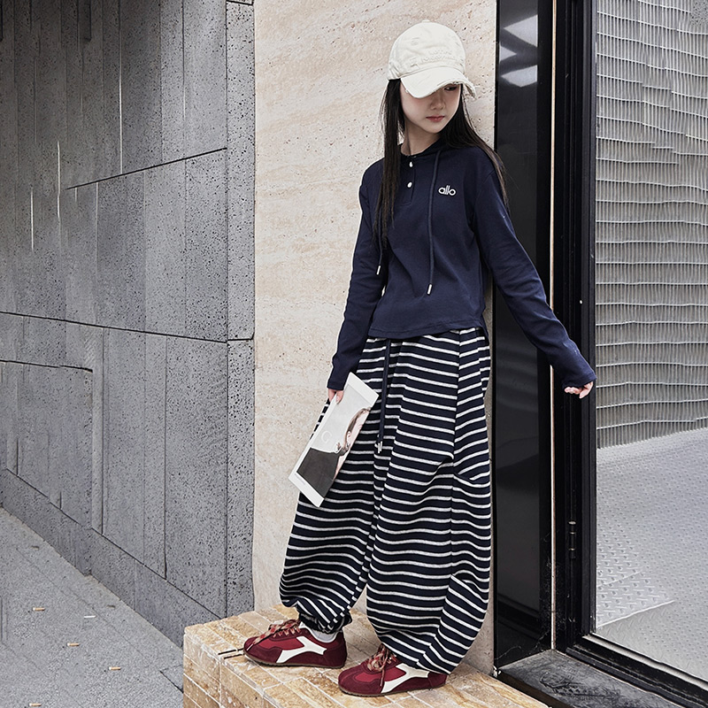 纯色女条纹套装春秋中大童束脚秋季休闲风嘻哈风阔腿宽松