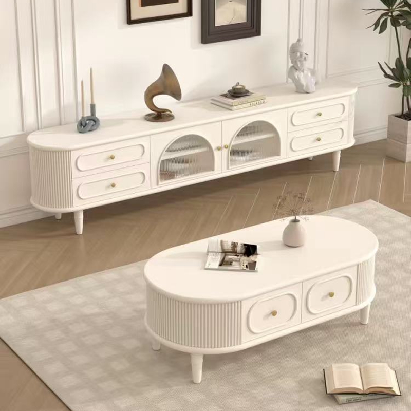 法式实木电视柜茶几组合客厅家用奶油风烤漆整装电视机柜储物柜