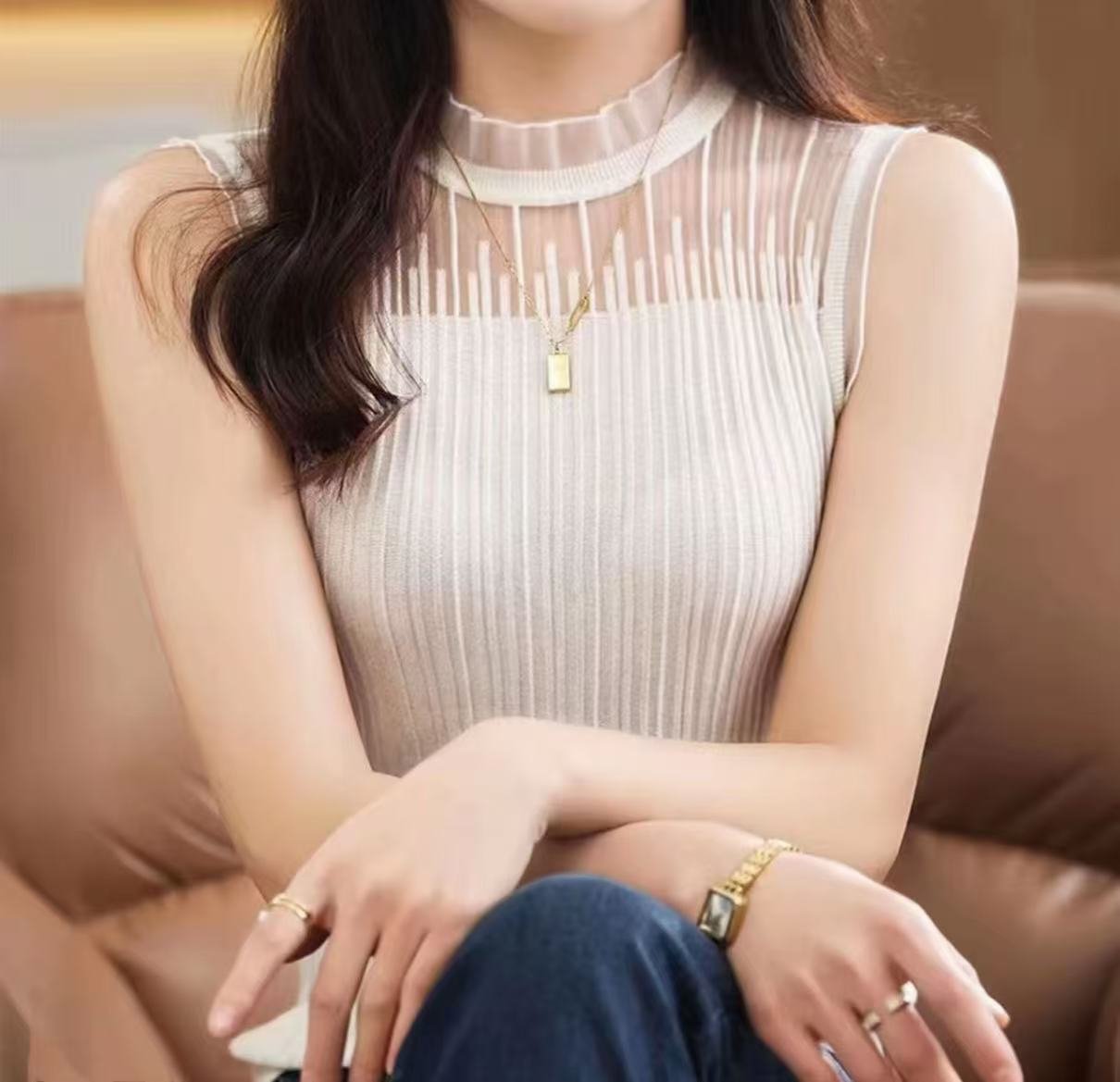 【百搭神器】法式无袖花边领背心精纺羊毛半高领内搭西装蕾丝针织衫