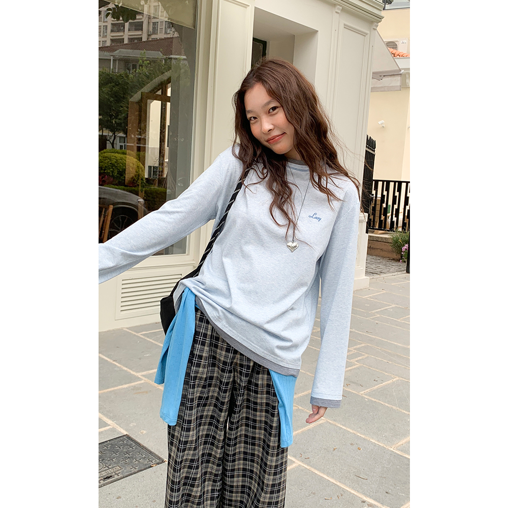 银河汽水 春季拼色假两件上衣宽松浅蓝色甜美宽松圆领长袖T恤女