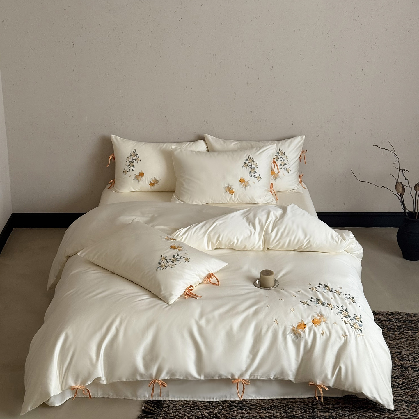 【全棉贡缎刺绣长绒棉四件套】金桂锦鲤中式刺绣国风被套床品高级感