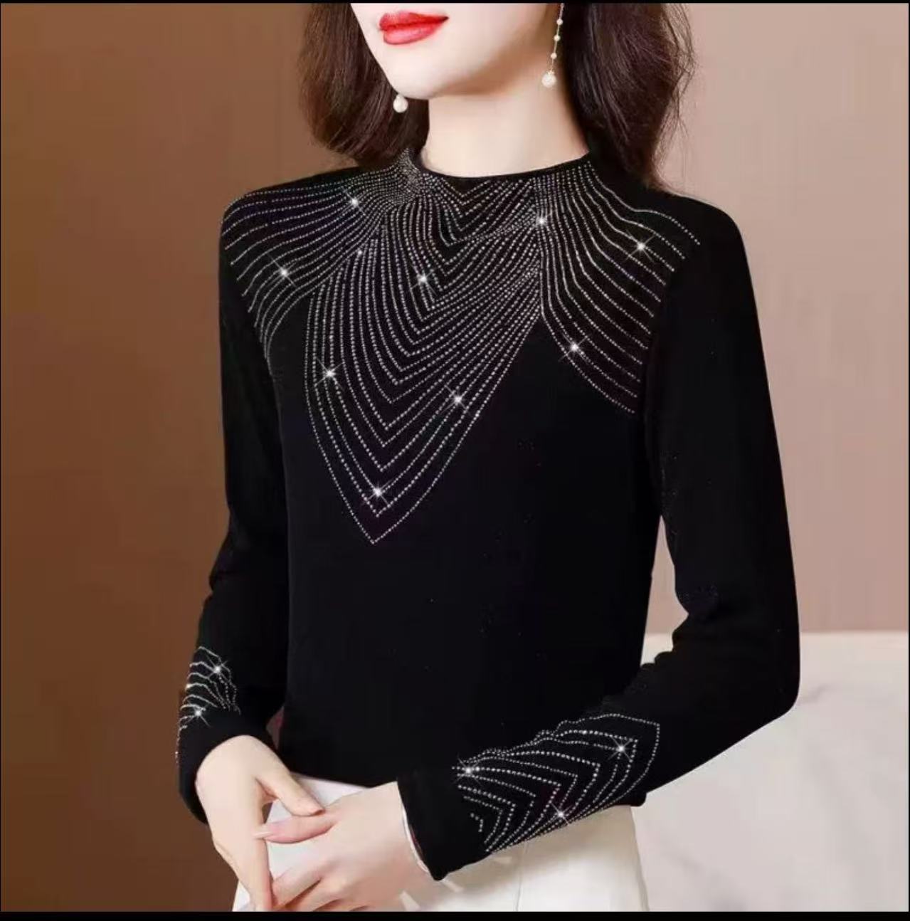 不加绒烫钻长袖打底衫半高领百搭T恤显瘦黑色修身小衫女