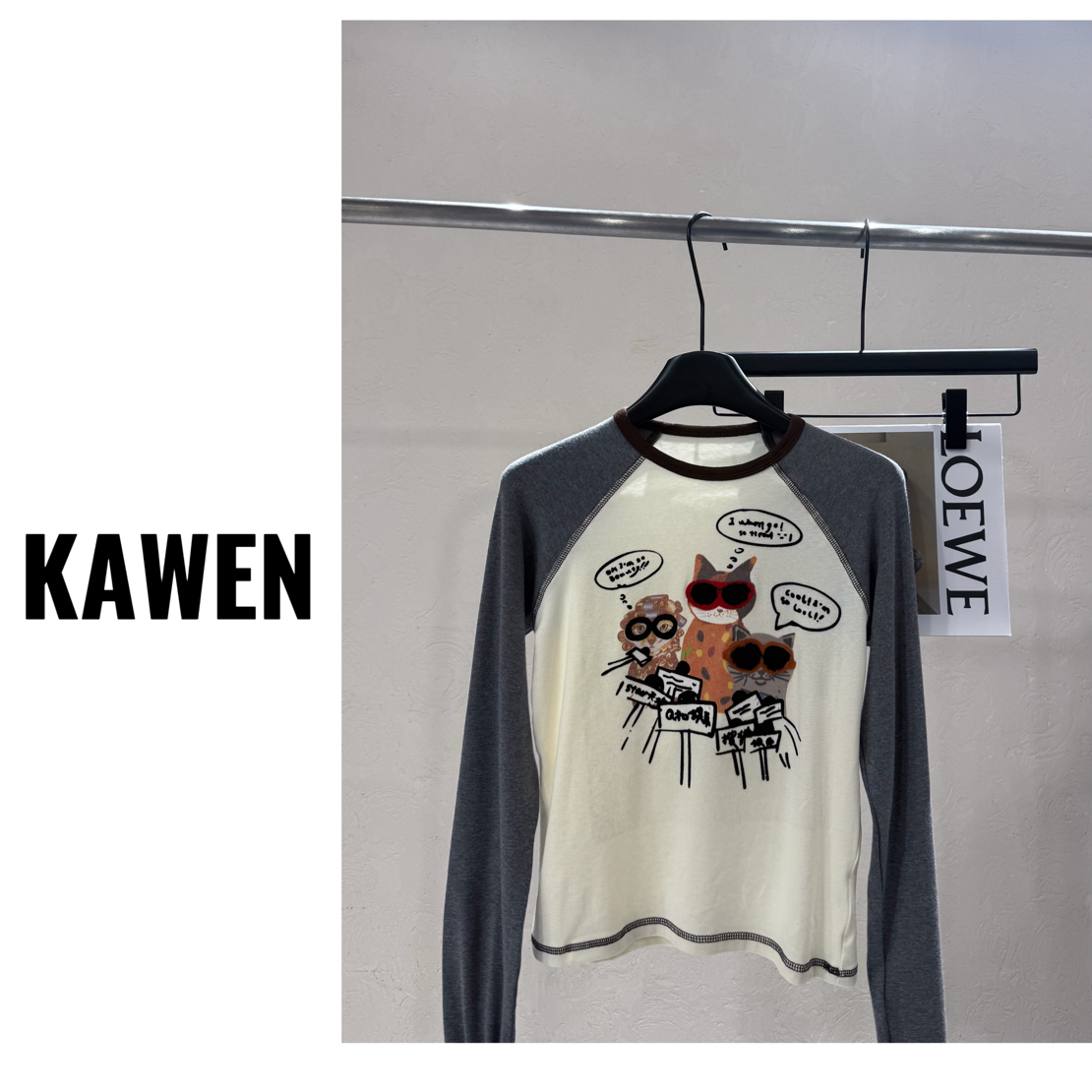 KW【小猫采访】南油欧货设计师款女装趣味猫咪印花明线撞色长袖T恤