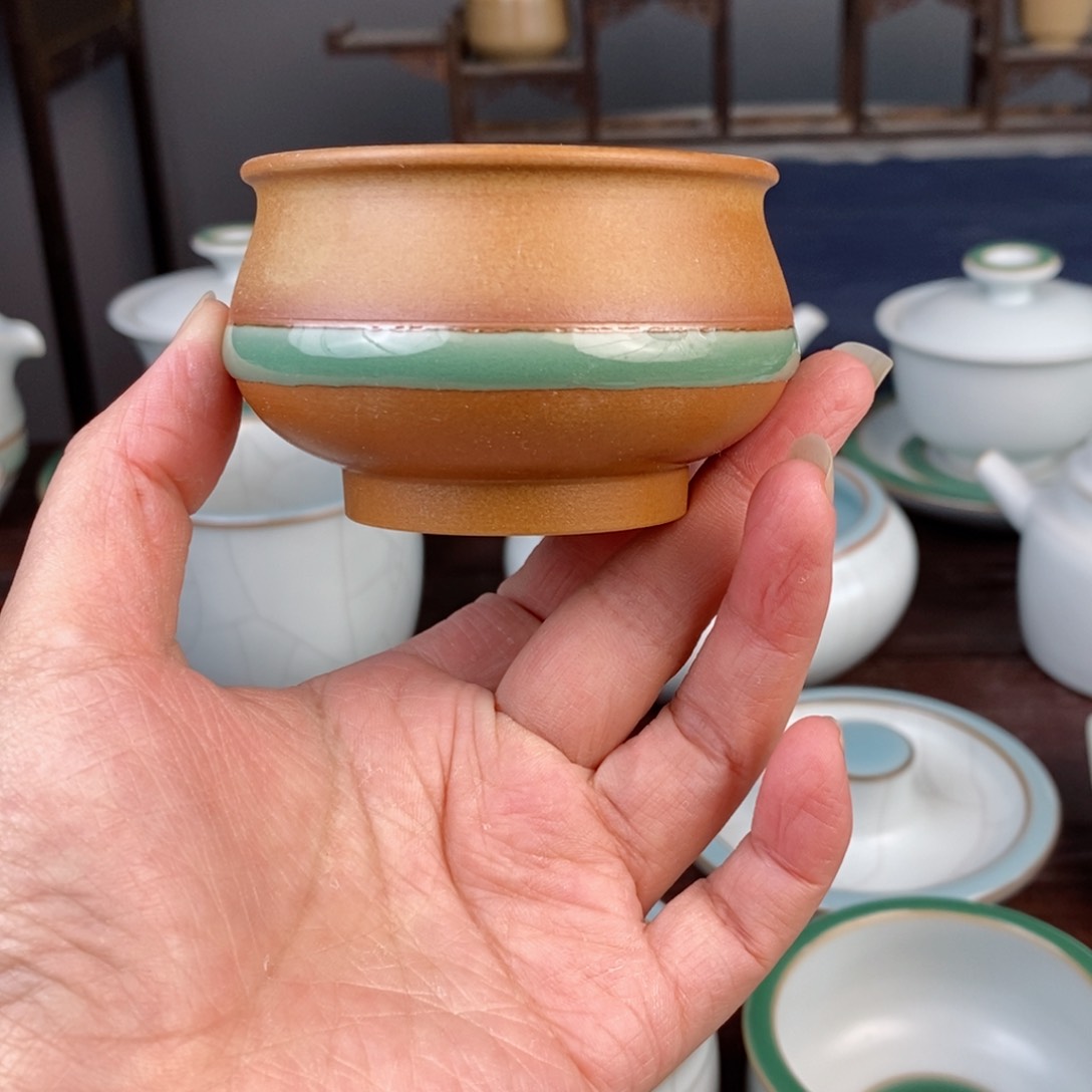 朱砂胎草木灰玉带缠腰 炉式杯 不开片 