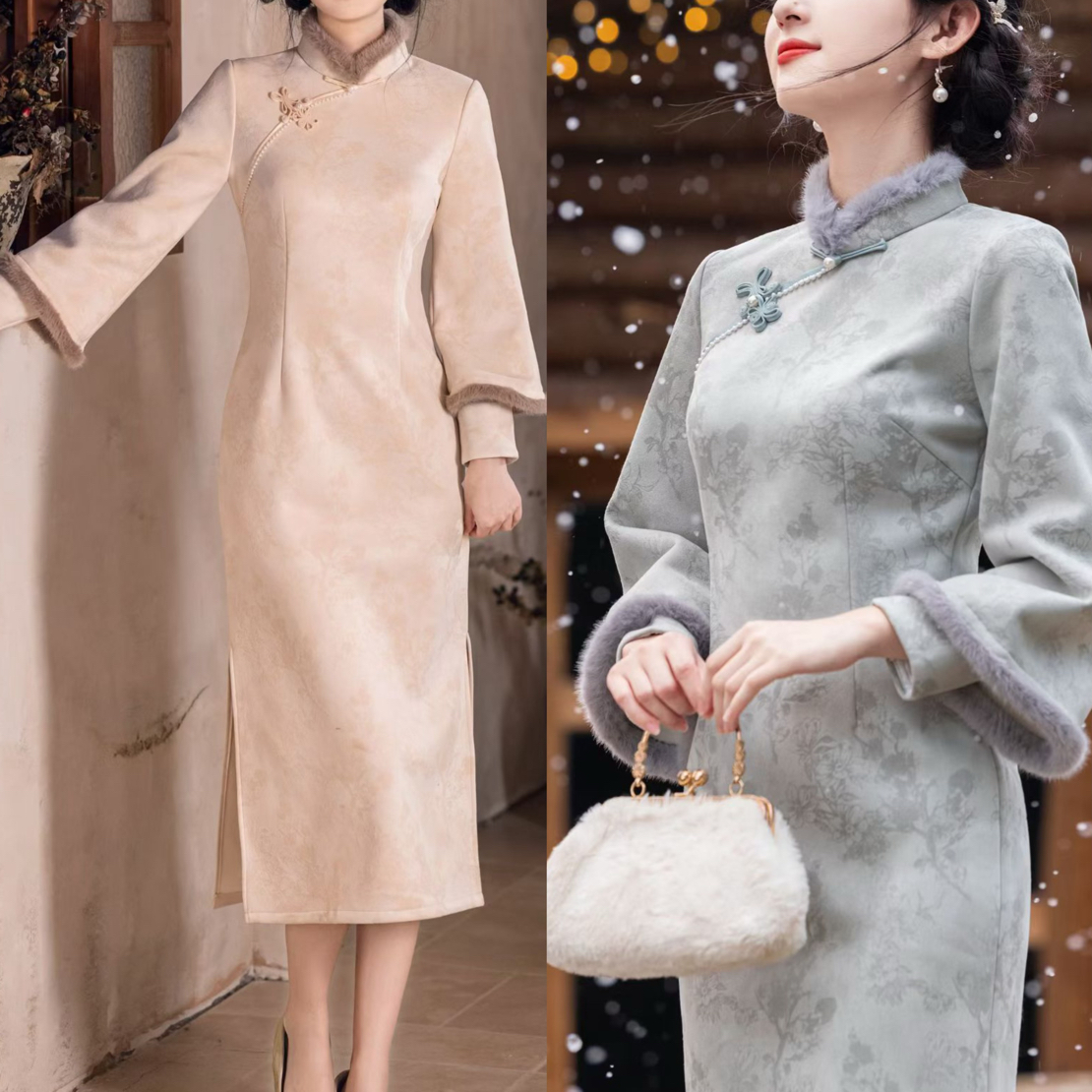 中长款复古旗袍中式长袖优雅气质加绒连衣裙新中式冬款