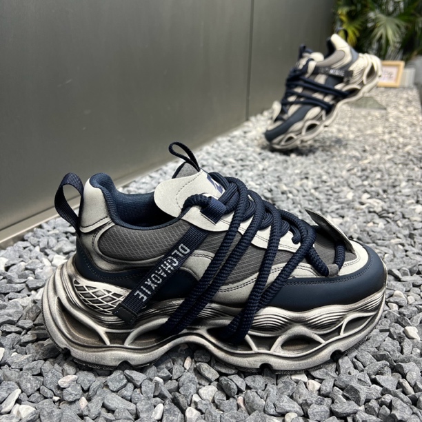 男鞋2026春秋新款时尚百搭拼色皮面做旧老爹鞋轻便增高厚底休闲鞋