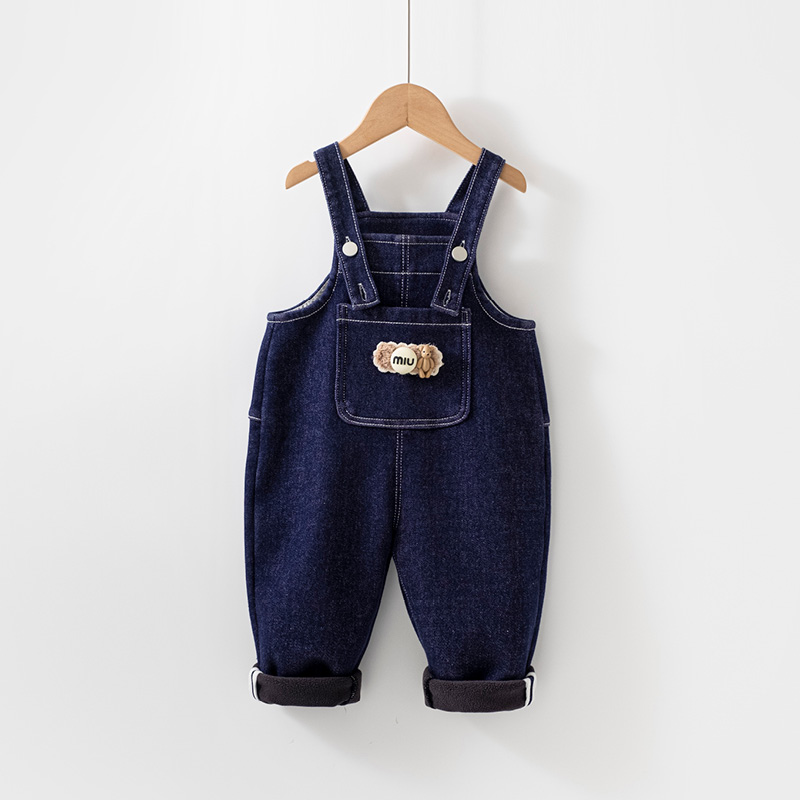 婴儿加绒牛仔背带裤冬装男女小童大pp保暖加厚棉裤婴儿连体裤5095