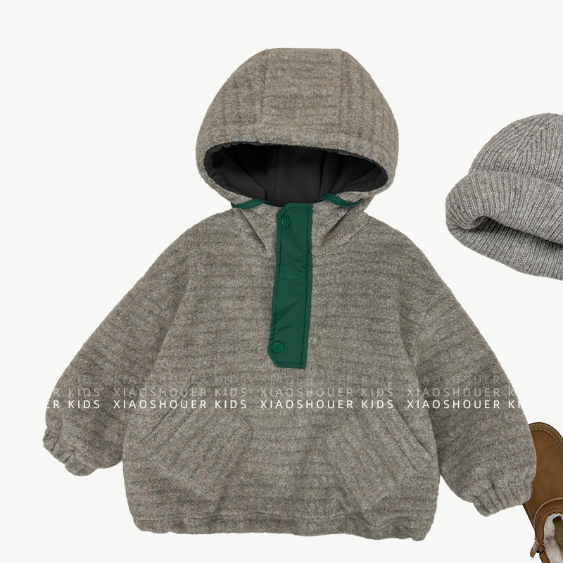 【现货】新-男女童冬季韩版加绒加厚呢子套头连帽外套HBB6456