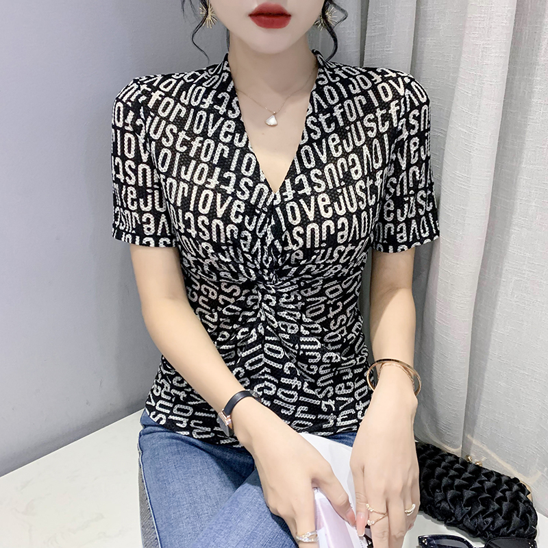 洋气印花V领摩登跳舞上衣女气质形体百搭显瘦短袖小衫夏