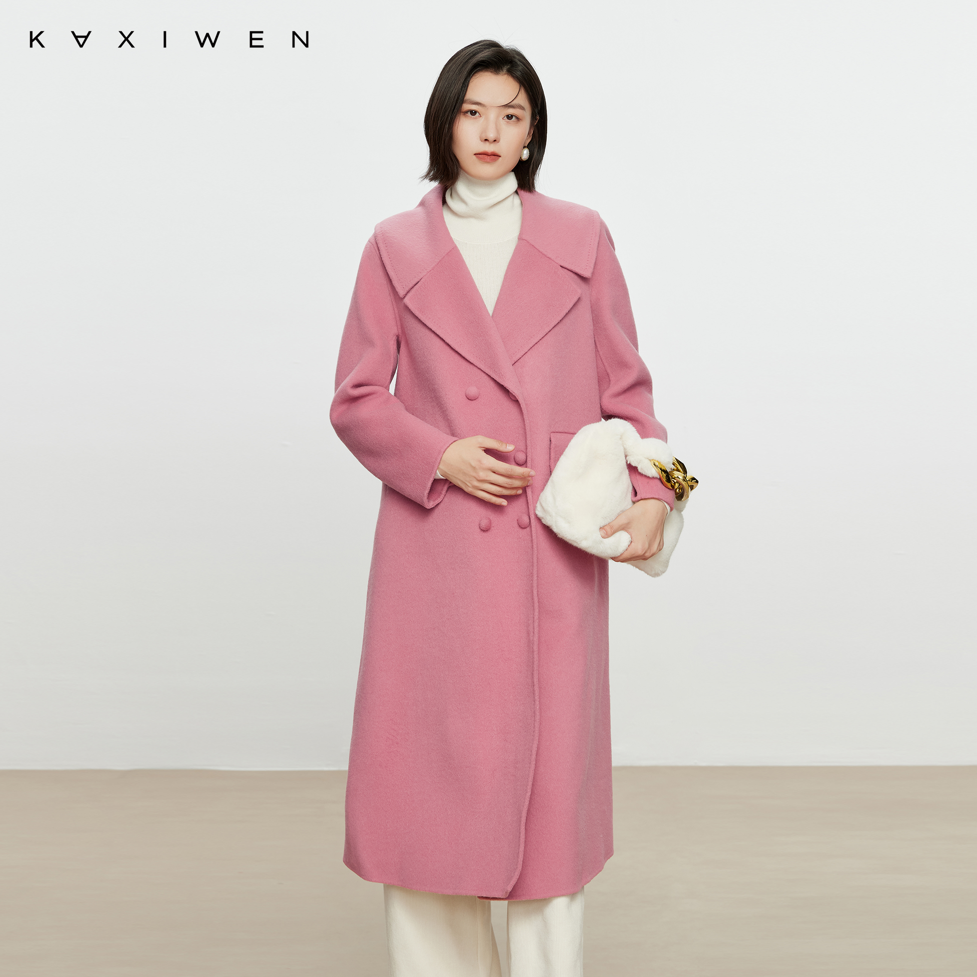 【NOJI&KXW】复古感轻奢大衣双排扣翻领毛呢外套女X10ADS8792