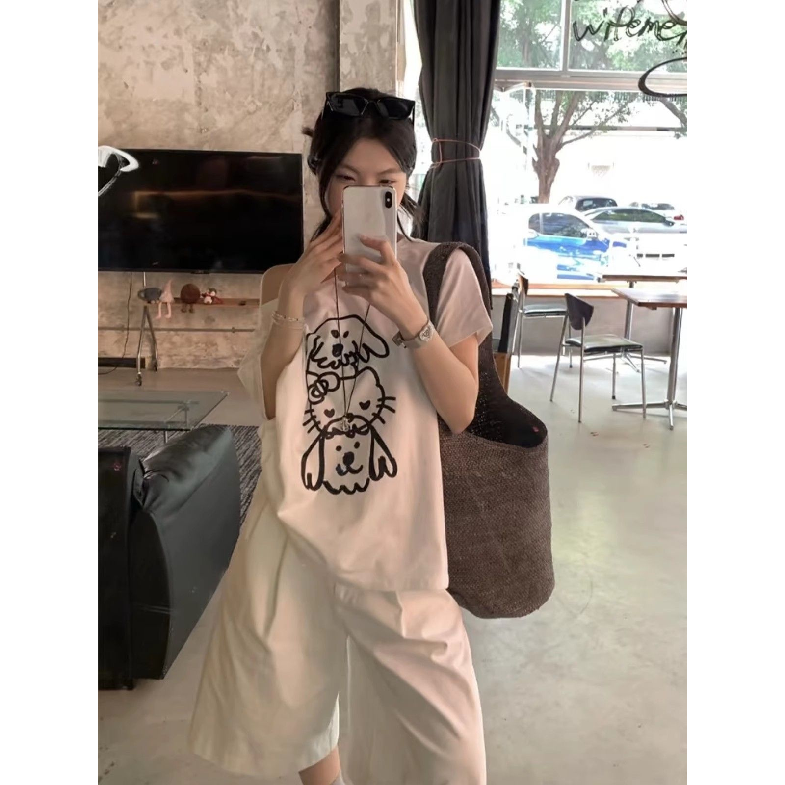 美式复古斜肩T恤女季卡通印花宽松显瘦短袖辣妹露肩百搭上衣潮