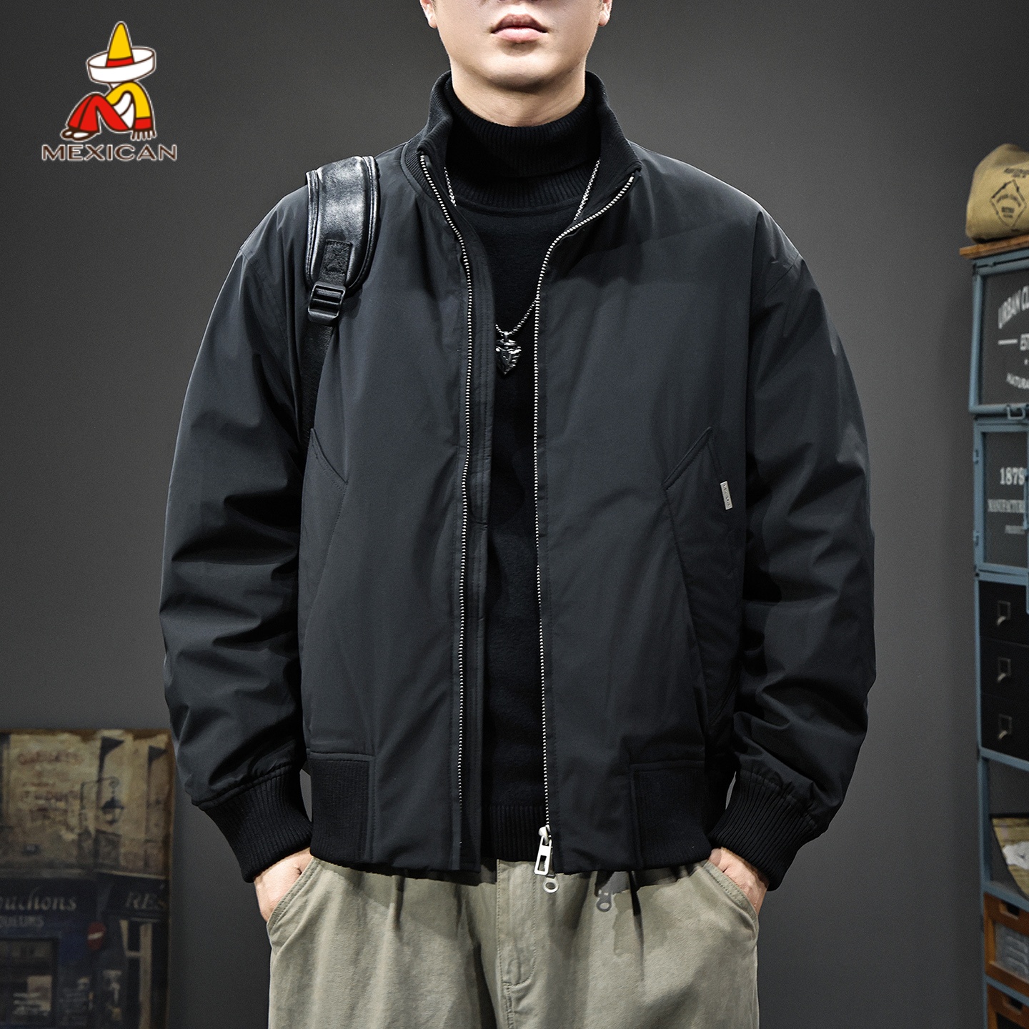 Mexican/稻草人冬季白鸭绒立领羽绒服男款潮牌痞帅男士飞行员外套