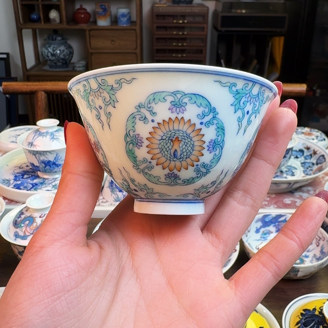 杯重工见山烧斗彩杯纯手绘