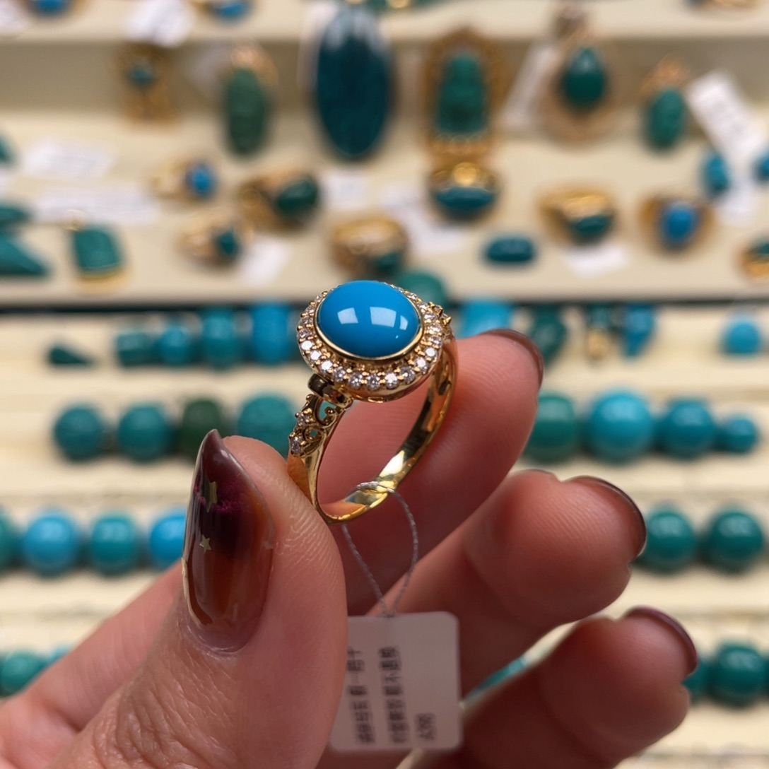 18K金镶嵌绿松石珠宝奇石戒指