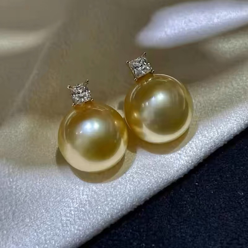 经典戴妃款海水南洋金珍珠耳钉 正圆极光 11 - 12mm