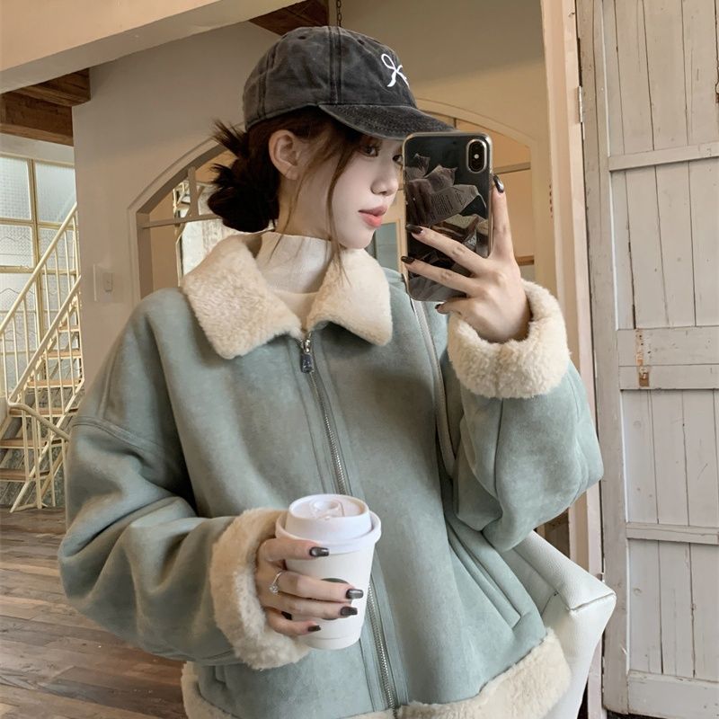 490克鹿皮绒复合羊驼绒 新年短外套女羊驼绒加厚冬保暖甜美