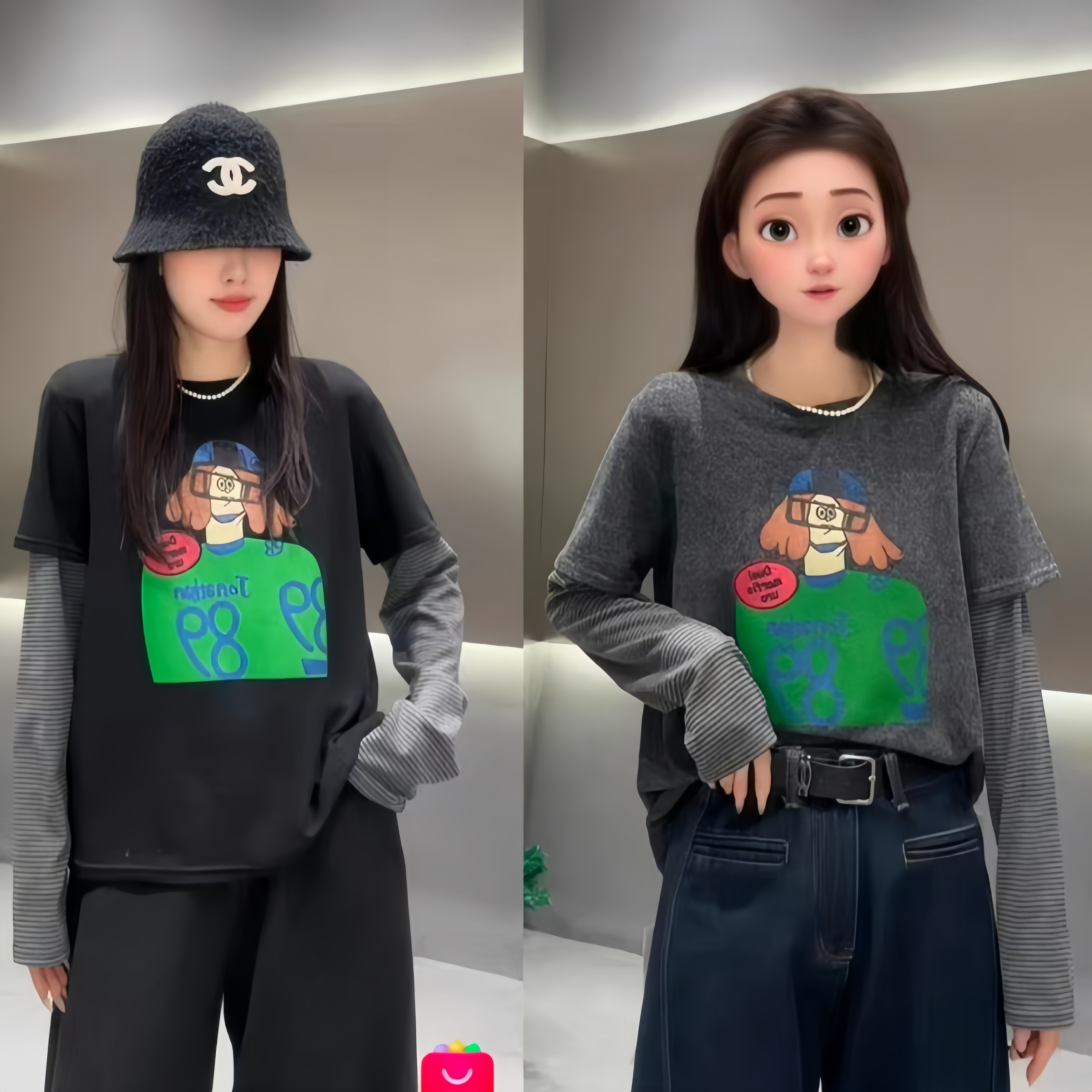 洋气重工个性女孩印花T恤女早春假两件上衣宽松百搭遮肉显瘦长袖