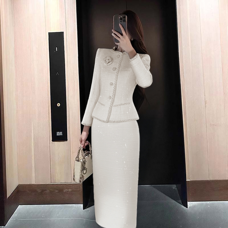 【两件套】【有里布】优雅小香外套女收腰显瘦高腰开叉半裙套装D3843