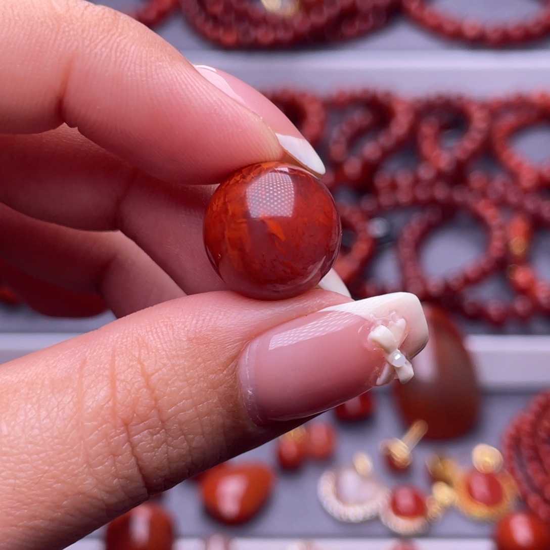 无***猫南红玛瑙未镶嵌其他原矿）14.9mm瓦西玫红火焰纹单珠