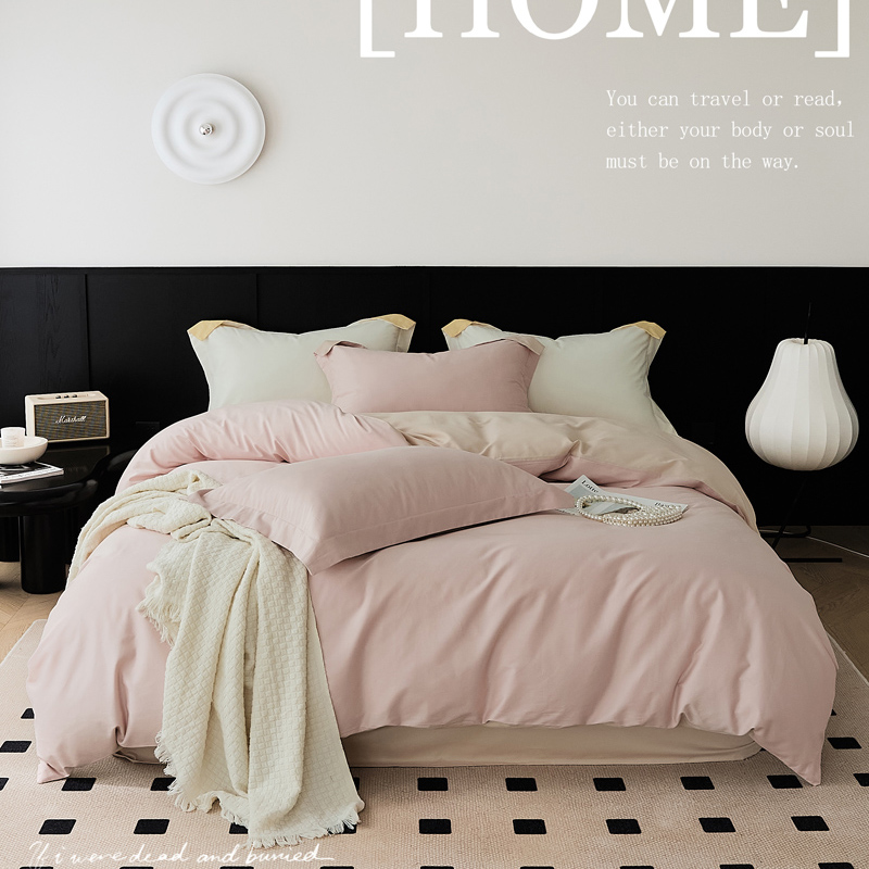 小令造轻奢全棉新款长绒棉加厚磨毛拼色四件套简约纯色