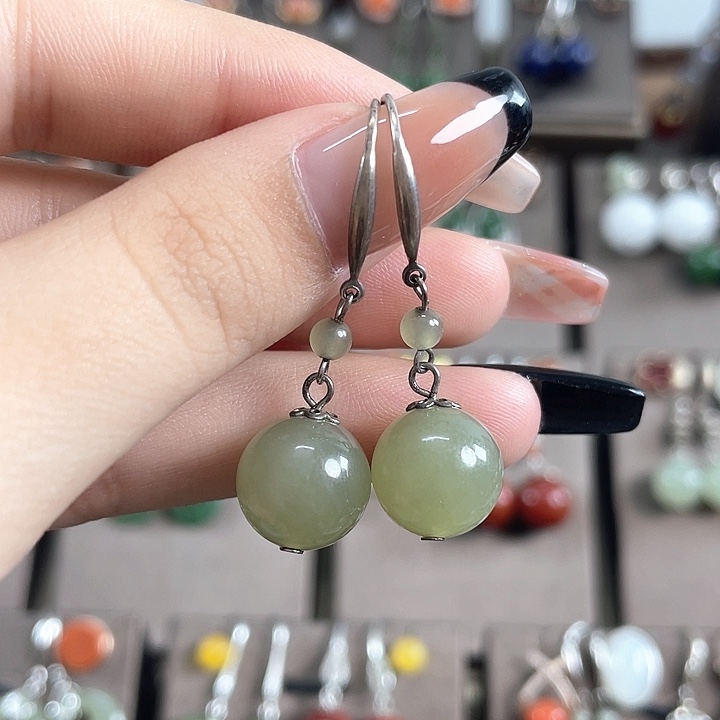 和田玉银S925镶嵌耳饰12左右