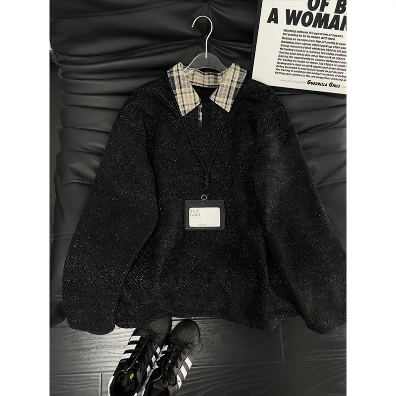 假两件衬衫领卫衣男款秋冬季美式复古拼接格子加绒长袖内搭上衣