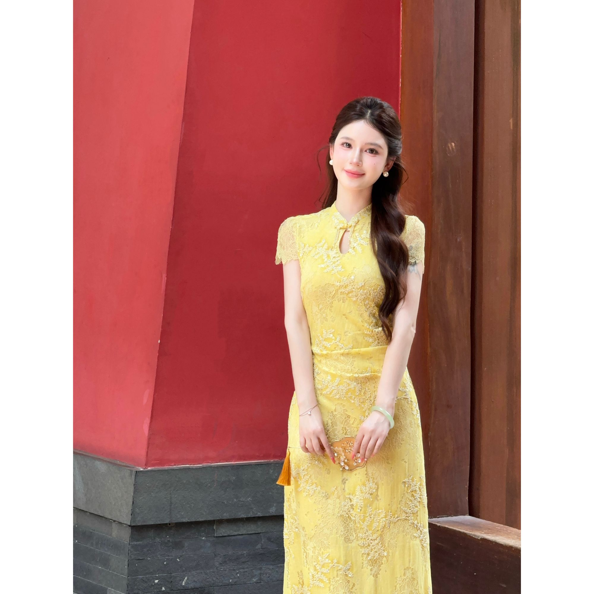 LiLi李李家【金枝玉叶】新中式改良明媚气质风黄色旗袍裙XMLL753