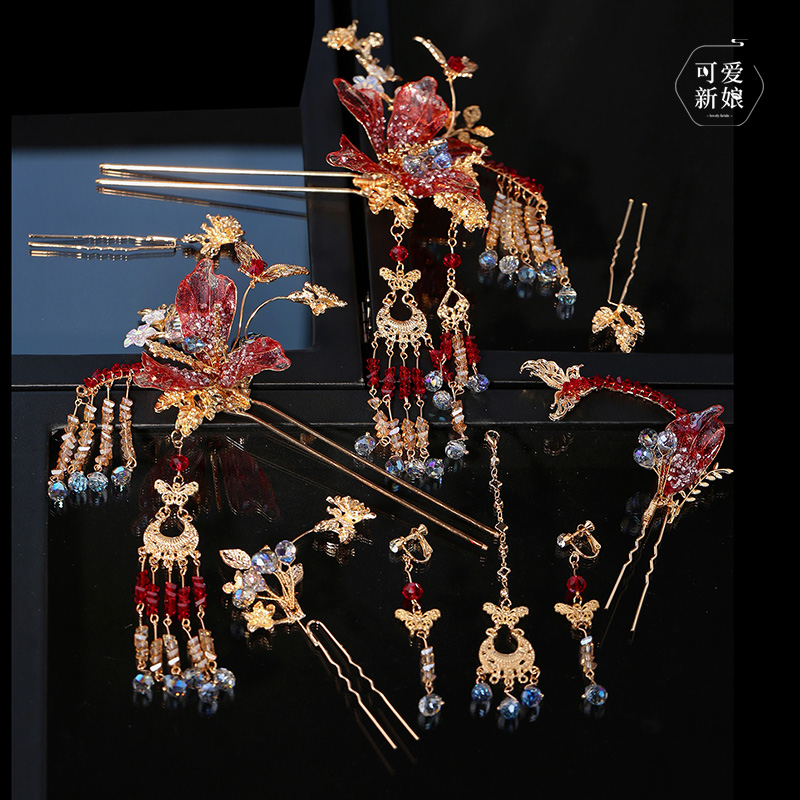 高级新娘秀禾头饰红蓝撞色减龄大气水晶发簪古典龙凤褂发饰HZ1230