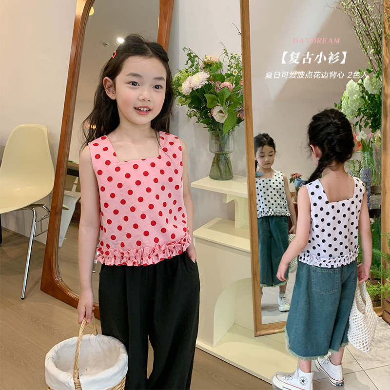 SKD2326女童韩版花边波点小背心夏装新款甜美休闲吊带无袖上衣潮