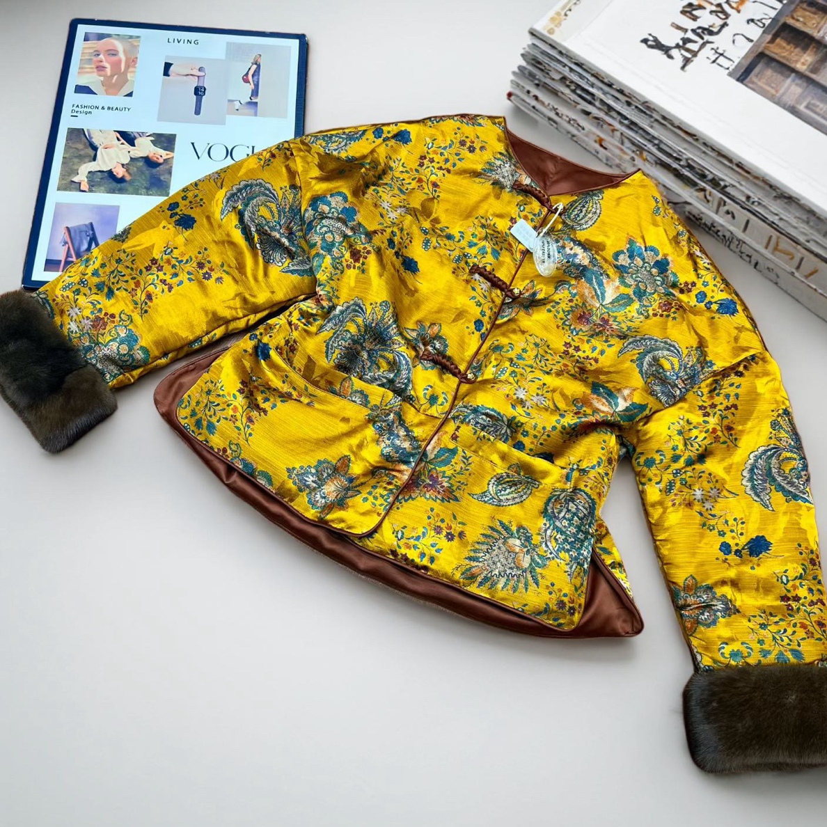 5891#《拼接水貂羽绒》保暖不褪色冬厚款国风提花羽绒服