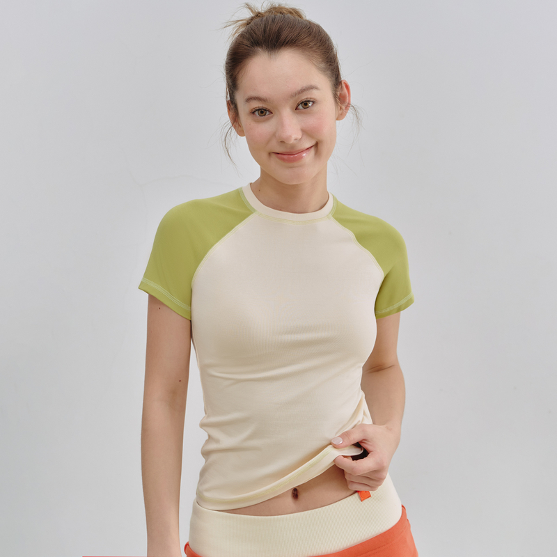 EVISTUB 索罗娜混纺亲肤透气轻运动塑形显瘦撞色插肩短袖T恤女夏