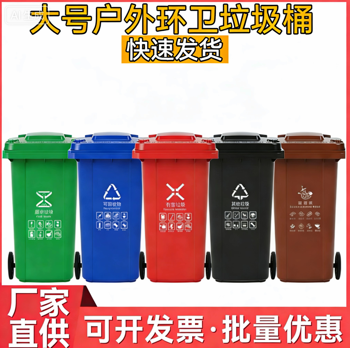 户外大容量垃圾桶240L新国标带盖加厚挂车环卫物业商用厨房垃圾桶