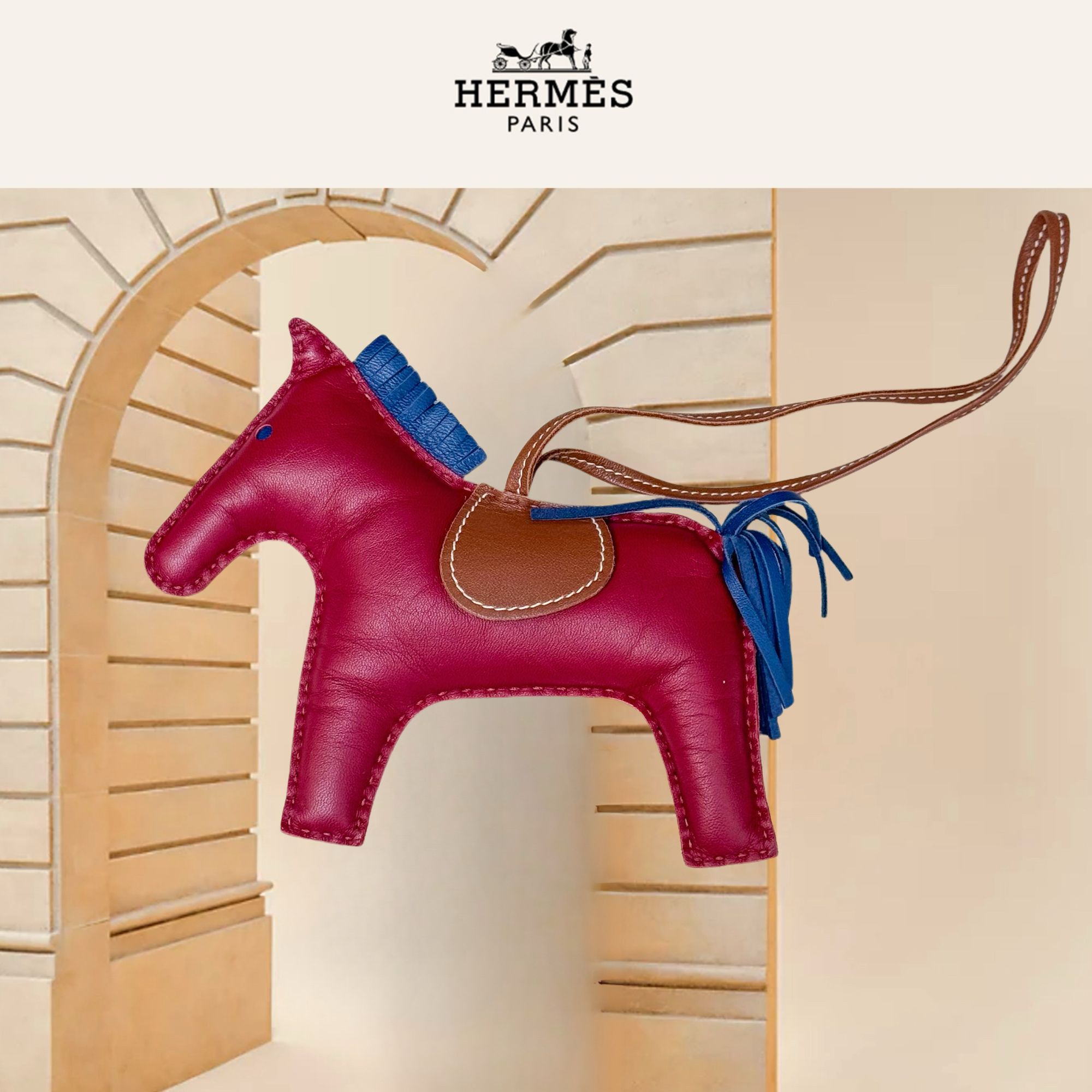 99新 Hermes/爱马仕 紫红色拼蓝棕色大号小马挂件