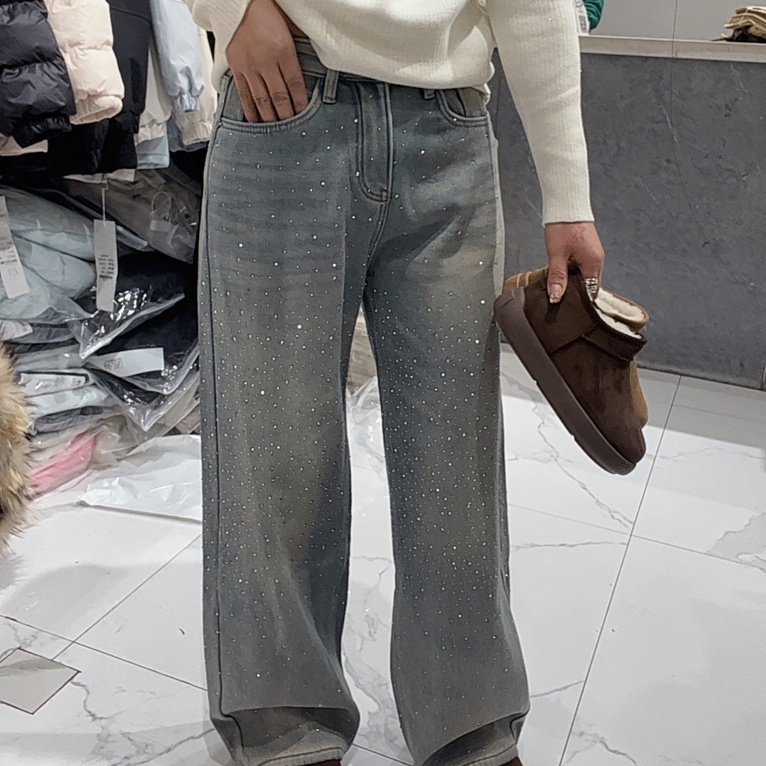 冬季加绒满钻高腰显瘦阔腿牛仔裤