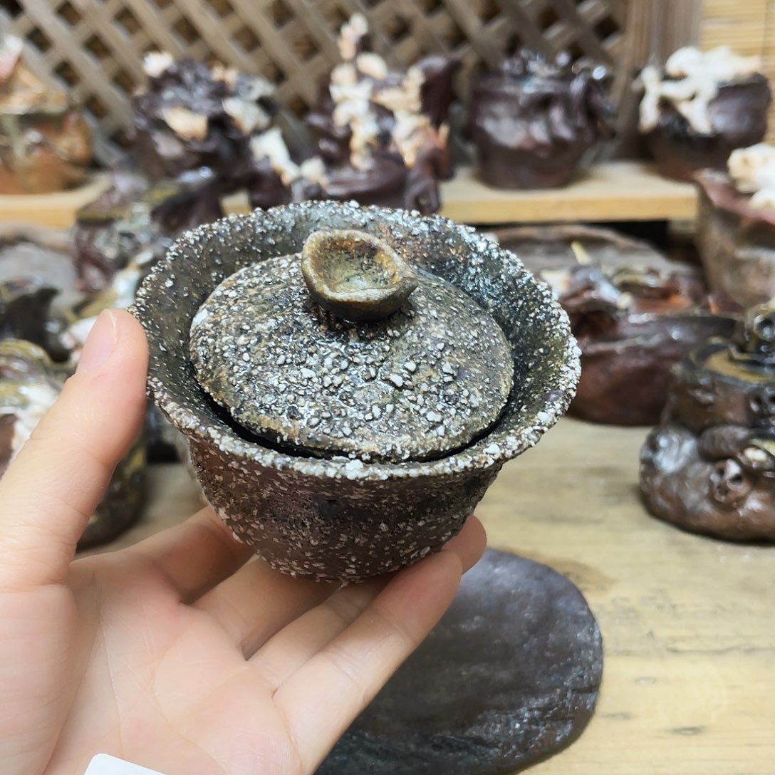 杯柴烧石头手捏盖碗