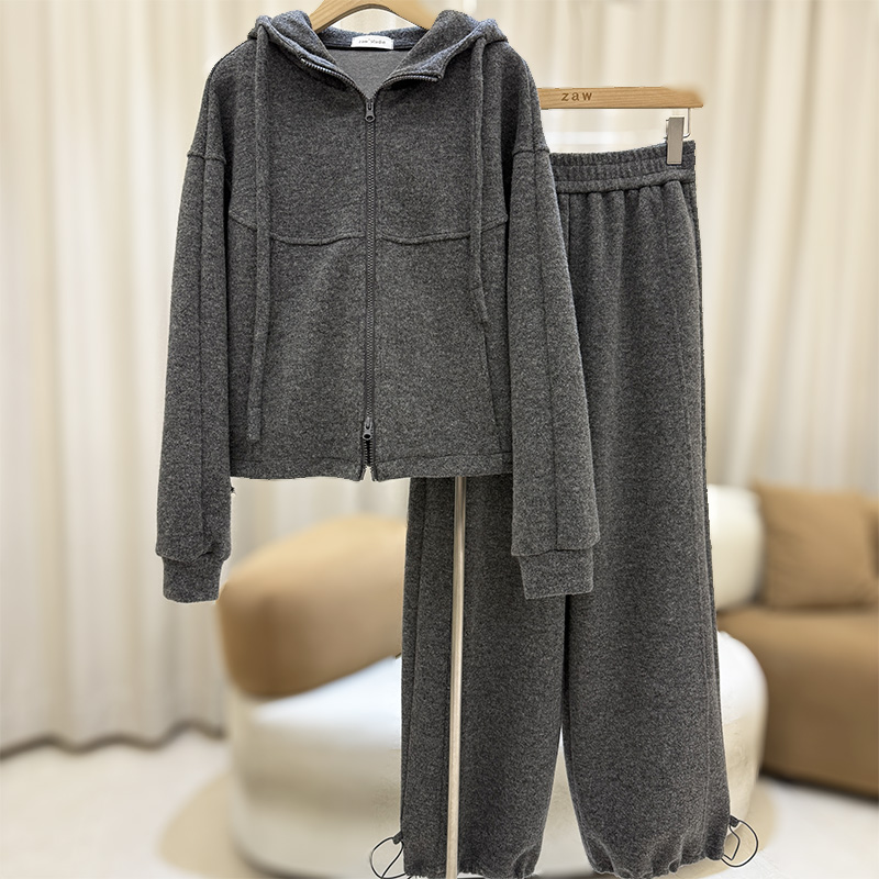 zaw大码宽松连帽拉链卫衣+显瘦遮肉羊毛呢阔腿卫裤休闲套装/25452