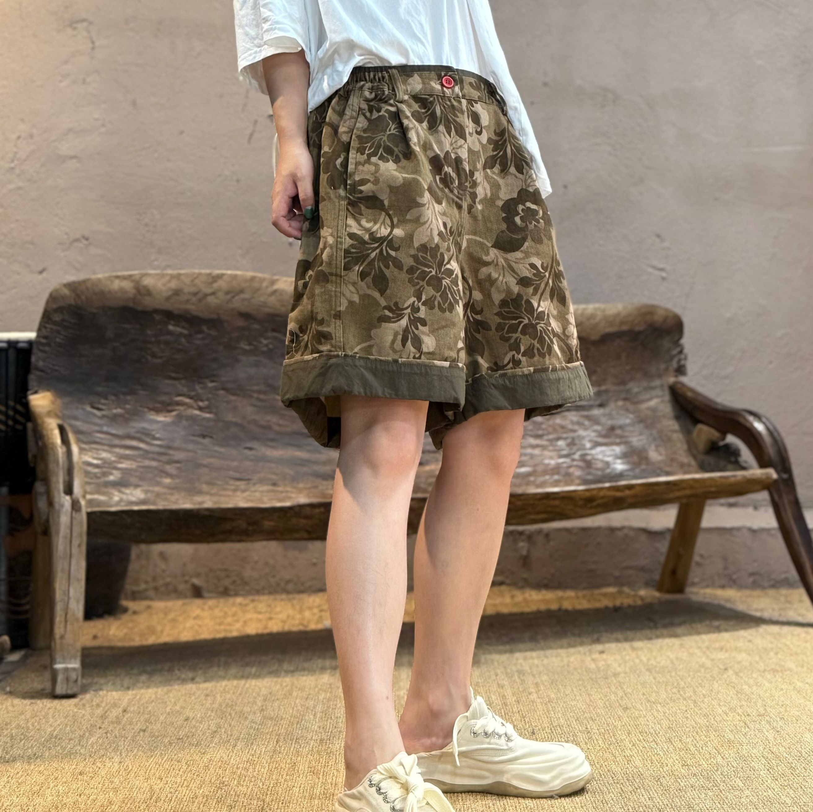 特250601忆古朴拙色织纯棉印花休闲短裤复古文艺显瘦直筒五分裤