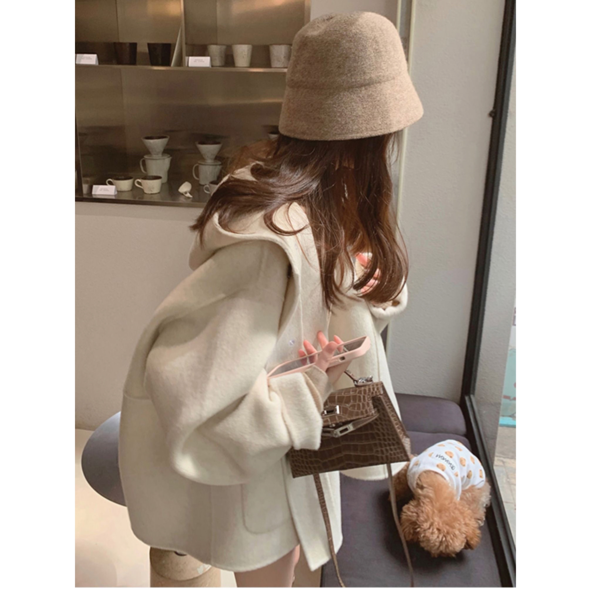 【ONFOF】韩版手工大衣短款连帽宽松外套女