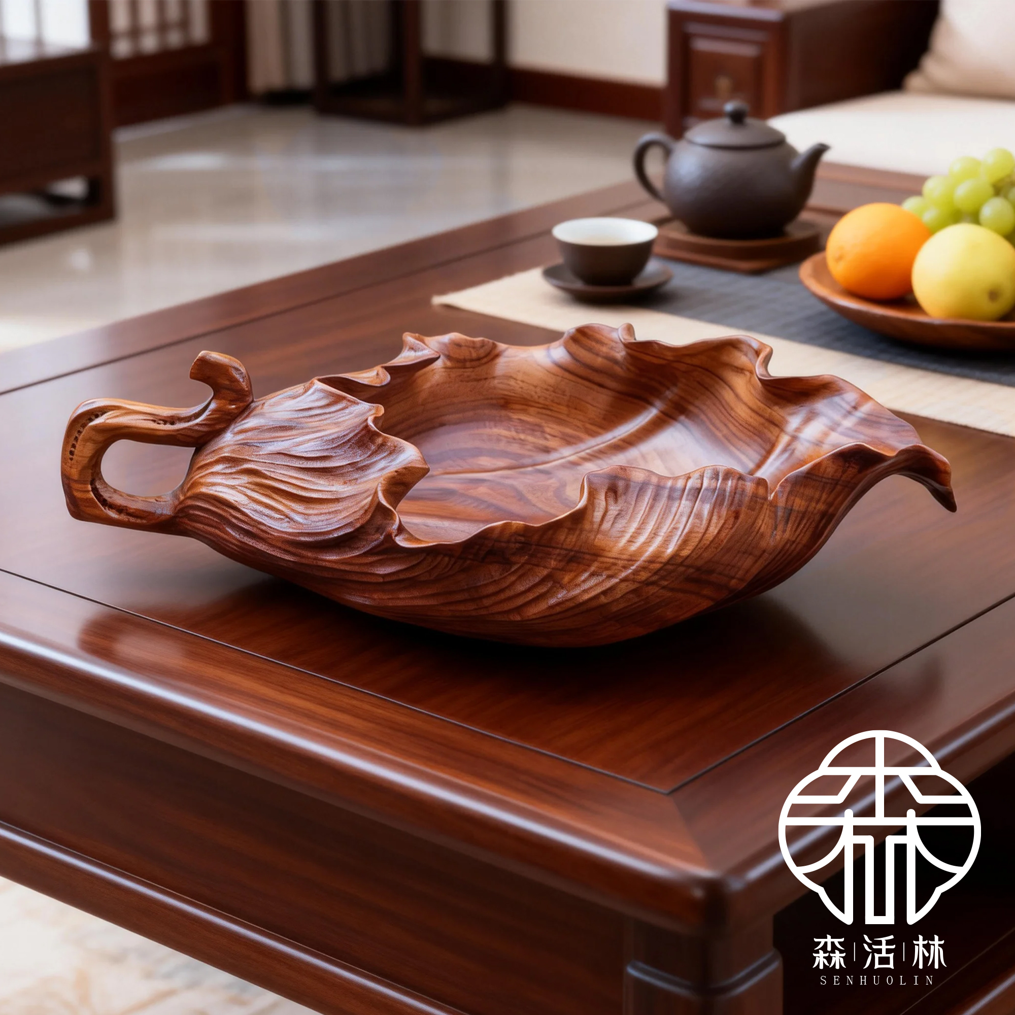 森活林（荷叶果盘）香樟纯手工中式创意荷叶果篮收纳篮摆件 HYGP001