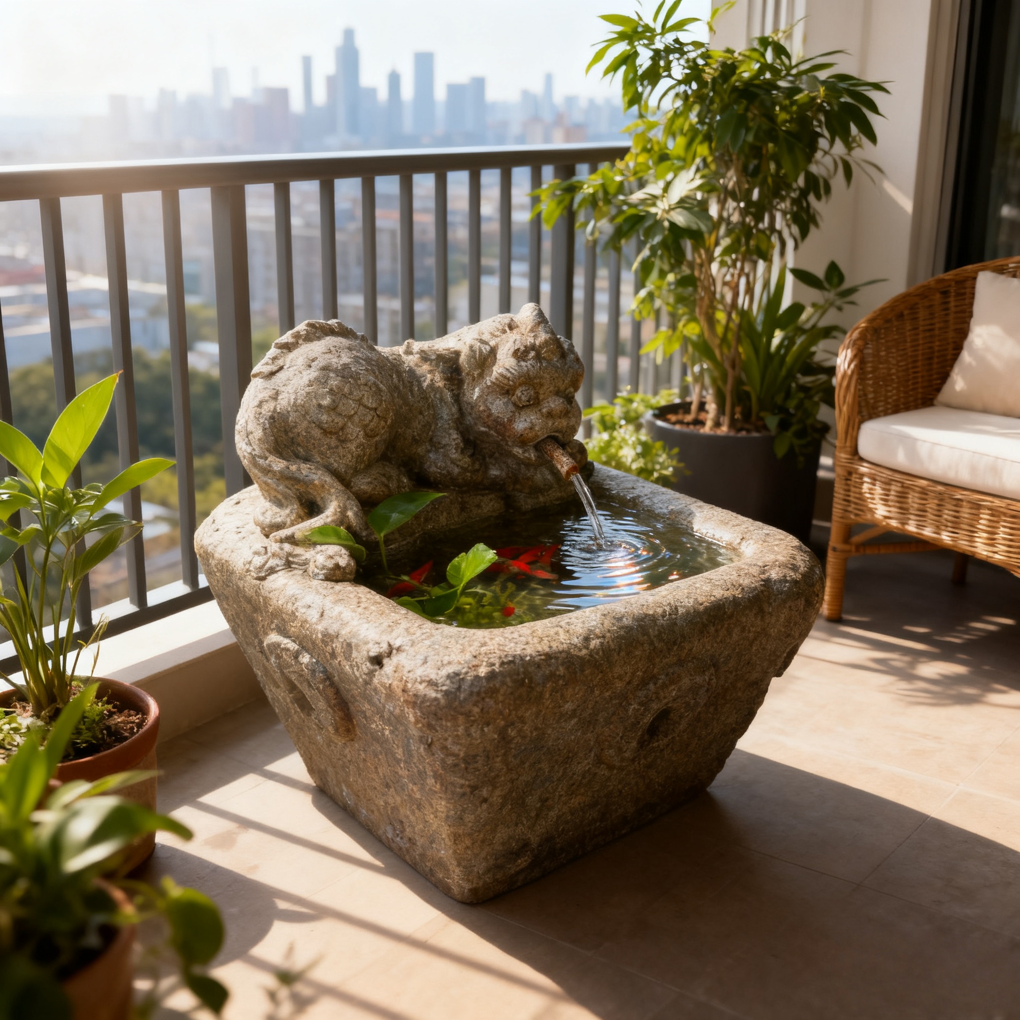 中式招财貔貅古法石臼循环流水摆件阳台花园庭院小鱼池景观