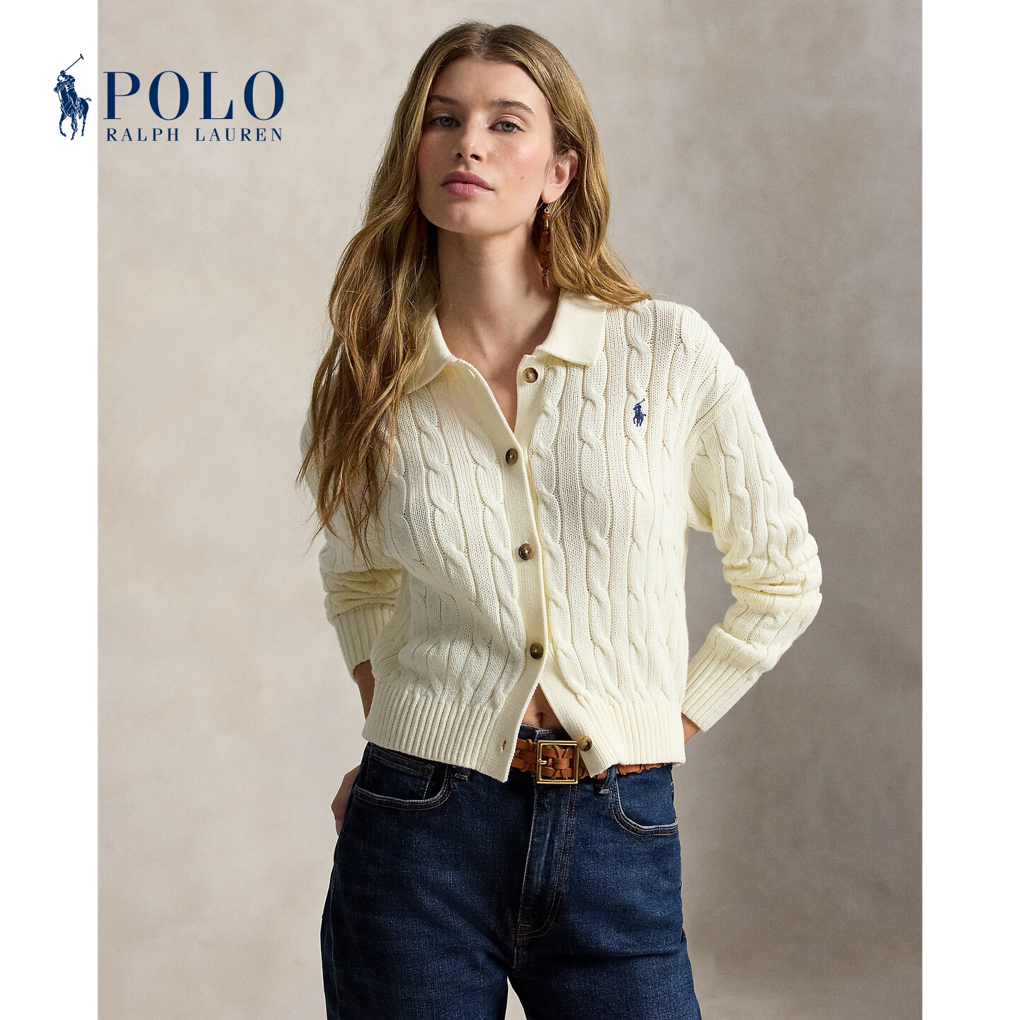 Ralph Lauren拉夫劳伦女装 棉绞花编结Polo领针织开襟衫211B30509商品图