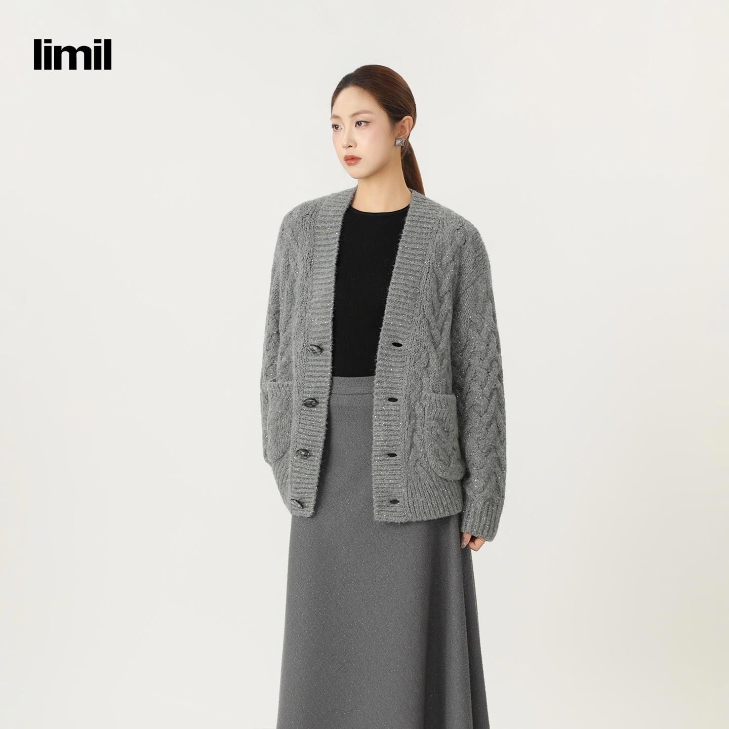 limil/丽米儿轻奢系列秋冬老钱松弛感宽松百搭麻花针织开衫948007