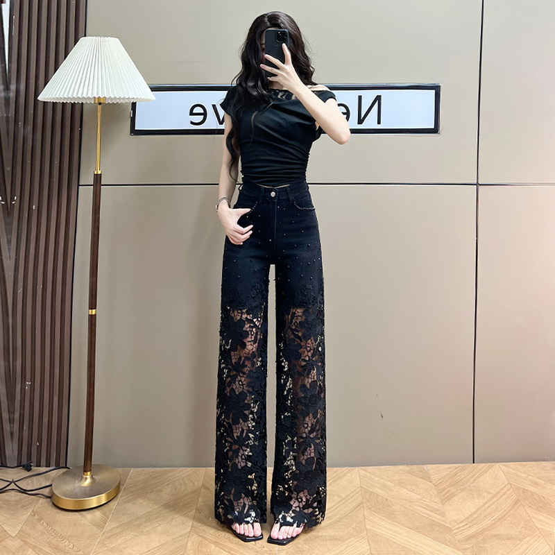 喜绚时髦蕾丝镂空阔腿牛仔裤女2025年新款夏季薄款烫钻流行直筒裤