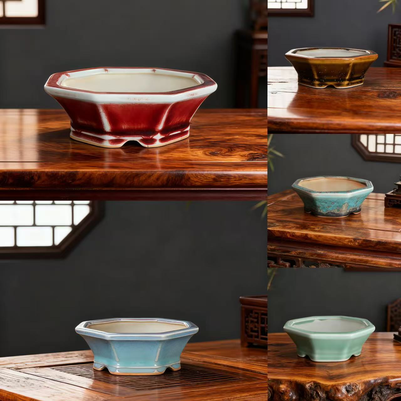 矮八方郎洪松石绿宜兴紫砂白泥高温窑变小微型花盆文人绿植盆景