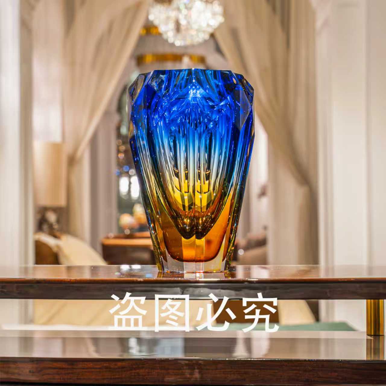 【冰花-蓝珀】花器高端家居软装玄关电视柜水晶琉璃摆件AJ1010336