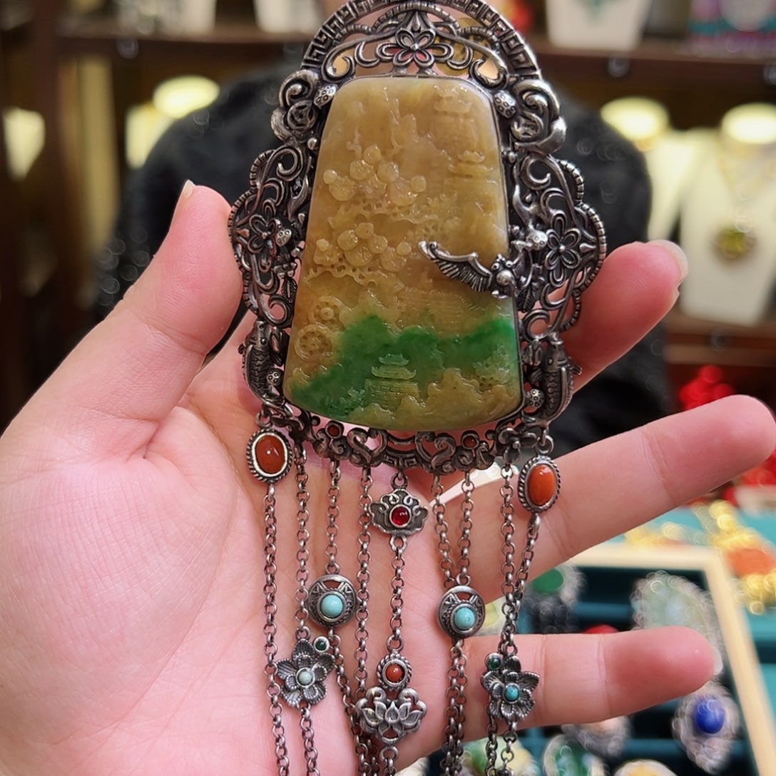 翡翠颈饰银S925镶嵌古风